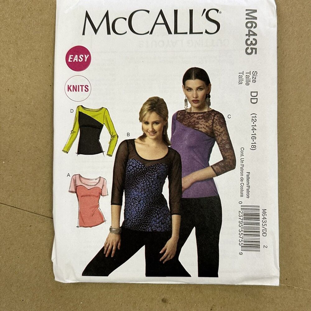 NEW McCall's M6435 Knit Sweetheart Diagonal Shirts 12-18 Sewing Pattern Uncut